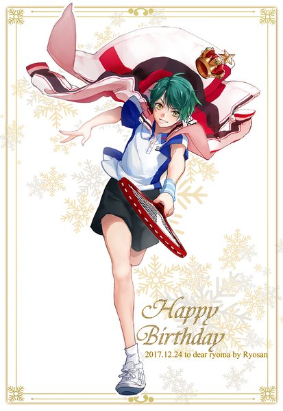 Anime picture 800x1162 with prince of tennis echizen ryoma tsuna2727 single tall image looking at viewer short hair standing yellow eyes full body green hair dated standing on one leg framed clothes on shoulders happy birthday boy uniform crown gym uniform