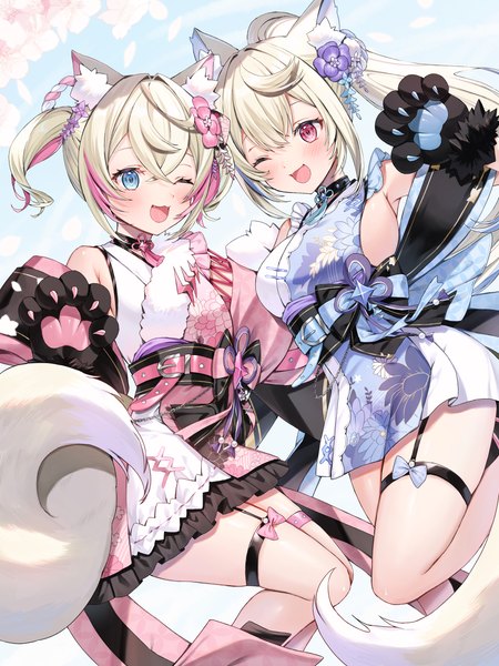 Anime-Bild 3000x4000 mit virtual youtuber hololive hololive english mococo abyssgard fuwawa abyssgard fuwawa abyssgard (new year) mococo abyssgard (new year) runlan 0329 tall image highres short hair open mouth blue eyes light erotic blonde hair twintails multiple girls animal ears ponytail tail