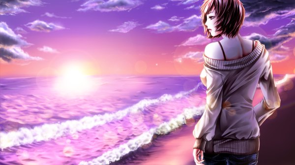 Anime picture 1280x720 with vocaloid meiko achikoako single short hair brown hair wide image sky cloud (clouds) from behind beach evening sunset girl sea