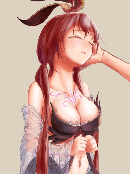 Anime-Bild 2400x3200 mit granblue fantasy tagme (character) wakaba (945599620) long hair tall image blush fringe highres breasts light erotic simple background brown hair large breasts twintails bare shoulders eyes closed head tilt tattoo low twintails dark hair