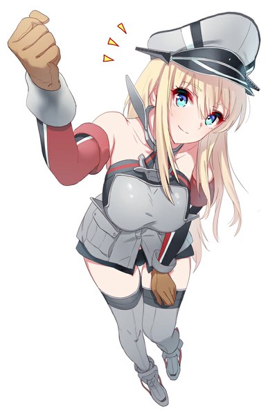 Anime-Bild 666x1000 mit kantai collection bismarck battleship shijuu single long hair tall image looking at viewer fringe breasts blue eyes light erotic blonde hair large breasts standing white background bare shoulders head tilt from above light smile leaning