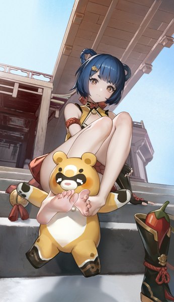 Anime picture 1401x2430 with genshin impact xiangling (genshin impact) guoba (genshin impact) le (huanglongen) single tall image looking at viewer fringe short hair light erotic sitting brown eyes blue hair full body bent knee (knees) outdoors blunt bangs barefoot soles eyebrows
