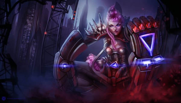 Anime picture 1600x914 with league of legends vi (league of legends) kashuse (artist) single long hair looking at viewer blue eyes wide image pink hair realistic piercing city cityscape girl gloves armor building (buildings)