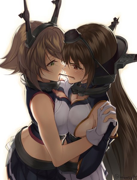Anime picture 800x1047 with kantai collection nagato battleship mutsu battleship kabocha (monkey4) long hair tall image blush fringe short hair breasts light erotic black hair red eyes brown hair large breasts bare shoulders multiple girls green eyes parted lips holding hands