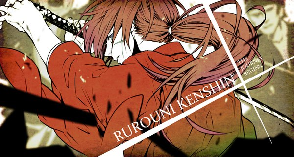 Anime picture 1024x551 with rurouni kenshin himura kenshin saitou rokuro single long hair looking at viewer open mouth blue eyes brown hair wide image holding green eyes ponytail traditional clothes japanese clothes profile looking back from behind inscription copyright name