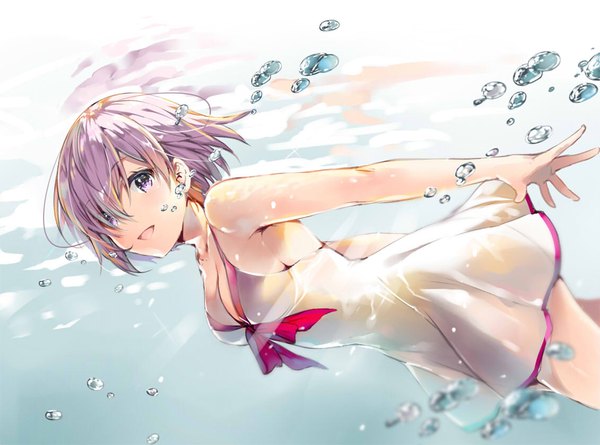 Anime picture 1131x839 with fate (series) fate/grand order mash kyrielight mash kyrielight (swimsuit of perpetual summer) miwabe sakura single looking at viewer fringe short hair breasts open mouth purple eyes cleavage purple hair :d hair over one eye underwater swimming girl dress