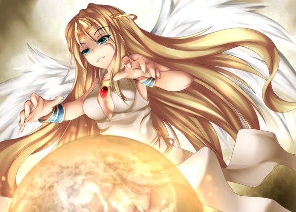 Anime picture 1925x1380 with monster girl quest (game) fi-san single long hair highres blonde hair bare shoulders cleavage aqua eyes magic angel wings girl dress hair ornament bracelet