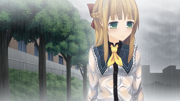 Anime picture 1280x720 with natsuiro asagao residence long hair blonde hair wide image green eyes game cg rain girl uniform school uniform