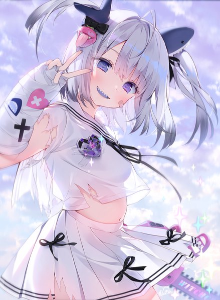 Anime picture 1098x1500 with original byulzzimon single tall image looking at viewer blush fringe short hair open mouth smile standing purple eyes sky purple hair cloud (clouds) ahoge outdoors blunt bangs nail polish head tilt