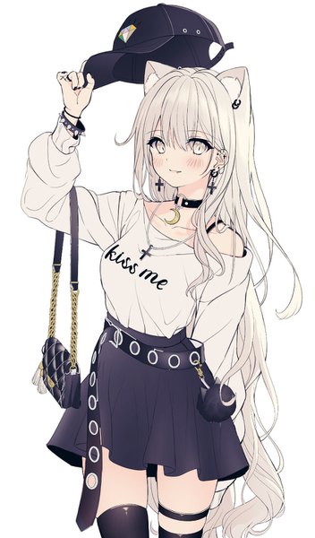 Anime picture 847x1440 with original kyubi single long hair tall image looking at viewer blush fringe simple background hair between eyes standing white background holding animal ears silver hair long sleeves nail polish cat ears off shoulder grey eyes