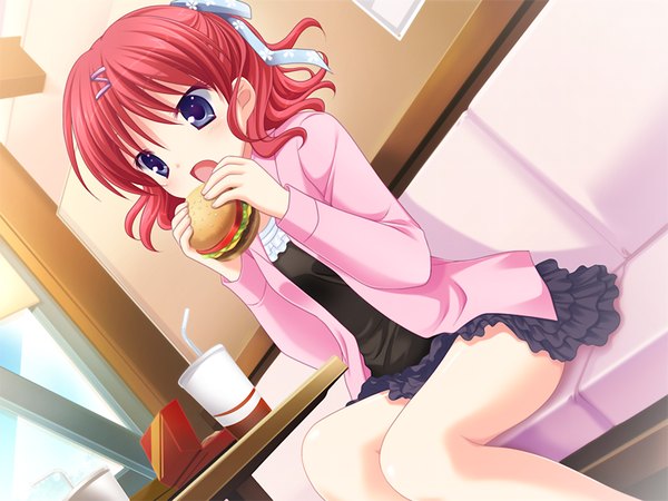 Anime picture 1024x768 with marguerite sphere ooura mio yuyi single short hair open mouth blue eyes sitting game cg red hair eating girl ribbon (ribbons) hair ribbon bobby pin disposable cup hamburger