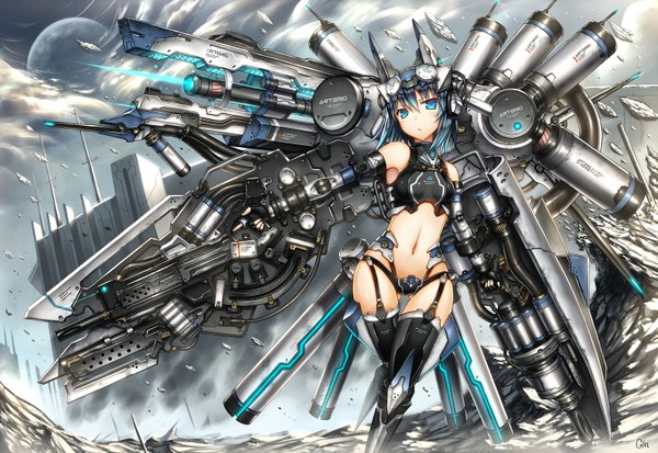 Anime picture 1600x1102 with original gia single looking at viewer short hair blue eyes light erotic bare shoulders blue hair mecha musume girl thighhighs gloves navel weapon fingerless gloves gun mecha