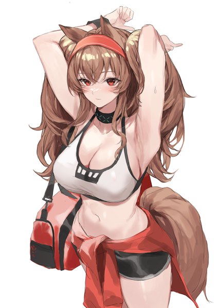 Anime picture 2480x3508 with arknights angelina (arknights) molyb single long hair tall image looking at viewer fringe highres breasts light erotic simple background hair between eyes red eyes brown hair standing white background sitting twintails animal ears