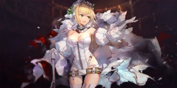 Anime picture 4252x2126 with fate (series) fate/extra fate/extra ccc nero claudius (fate) (all) nero claudius (fate) nero claudius (bride) (fate) swd3e2 single fringe highres short hair breasts open mouth light erotic blonde hair hair between eyes wide image large breasts green eyes looking away