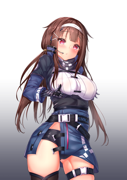 Anime picture 2418x3420 with girls frontline js 9 (girls frontline) gmkj single long hair tall image looking at viewer blush fringe highres breasts light erotic simple background red eyes brown hair large breasts standing signed payot blunt bangs