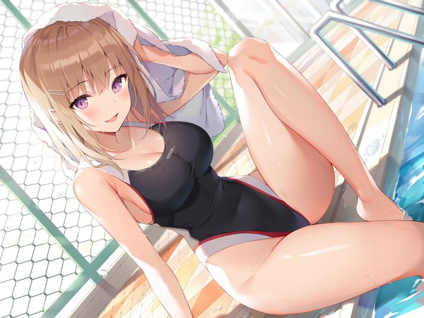 Anime picture 4000x3000 with original ale nqki single long hair looking at viewer blush fringe highres breasts open mouth light erotic smile brown hair large breasts sitting absurdres bent knee (knees) outdoors :d pink eyes