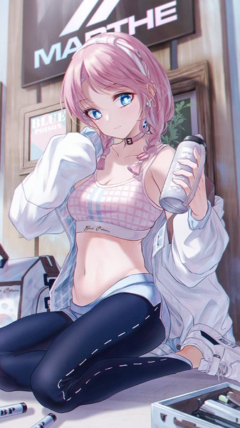 Anime picture 675x1200 with arknights blue poison (arknights) blue poison (shoal beat) (arknights) bae.c single long hair tall image looking at viewer fringe breasts blue eyes sitting holding pink hair cleavage braid (braids) arm up off shoulder open jacket midriff