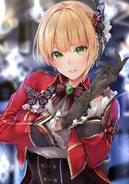 Anime picture 2184x3111 with idolmaster idolmaster cinderella girls idolmaster cinderella girls starlight stage miyamoto frederica khanka shui single tall image looking at viewer blush fringe highres short hair breasts blonde hair green eyes upper body blunt bangs parted lips sparkle adjusting clothes