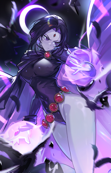 Anime picture 4225x6575 with teen titans raven (teen titans) mato-c single tall image highres short hair breasts light erotic black hair large breasts standing purple eyes looking away absurdres long sleeves blurry thighs groin magic