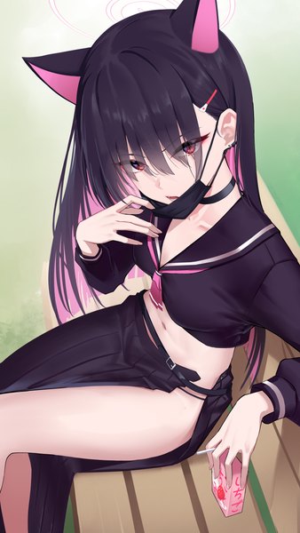 Anime picture 3472x6171 with blue archive kazusa (blue archive) onuj2$ single long hair tall image looking at viewer highres open mouth light erotic black hair red eyes sitting holding animal ears absurdres multicolored hair cat ears midriff side slit