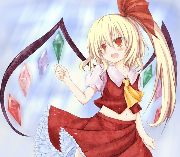 Anime picture 2022x1762 with touhou flandre scarlet mo-a-i single blush highres short hair open mouth blonde hair orange eyes one side up girl dress skirt wings skirt set crystal
