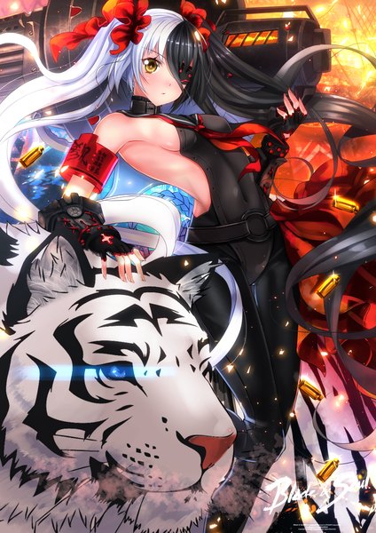Anime picture 1102x1560 with blade & soul po hwa ran (blade & soul) swordsouls single long hair tall image light erotic black hair twintails brown eyes white hair multicolored hair two-tone hair girl bow weapon hair bow animal gun bodysuit
