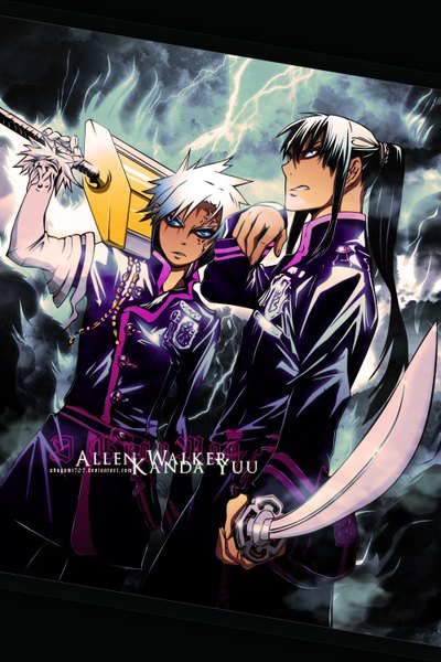 Anime picture 1000x1500 with d.gray-man allen walker kanda yuu akagami707 long hair tall image short hair blue eyes black hair white hair ponytail black eyes inscription tattoo coloring lightning boy weapon sword huge weapon