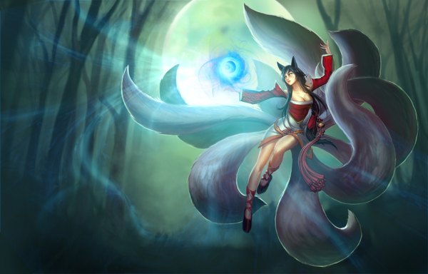 Anime picture 1400x898 with league of legends ahri (league of legends) single long hair breasts light erotic black hair bare shoulders animal ears yellow eyes traditional clothes legs magic facial mark fox girl multiple tails whisker markings girl dress plant (plants)