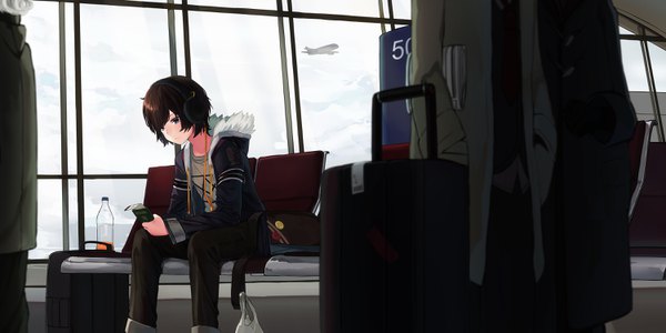 Anime picture 3000x1500 with original natori youkai fringe highres short hair brown hair wide image sitting holding indoors aqua eyes fur trim looking down solo focus head out of frame waiting boy window headphones fur