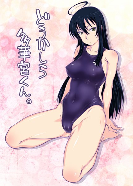 Anime picture 717x1000 with witch craft works j.c. staff kagari ayaka mudou eichi single long hair tall image fringe breasts light erotic black hair sitting bare shoulders green eyes ahoge barefoot bare legs spread legs erect nipples covered nipples