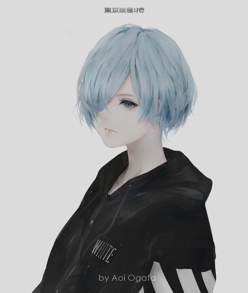 Anime picture 1115x1315 with tokyo ghoul tokyo ghoul:re studio pierrot kirishima touka aoi ogata single tall image fringe short hair simple background standing signed looking away upper body aqua eyes lips hair over one eye aqua hair grey background alternate costume