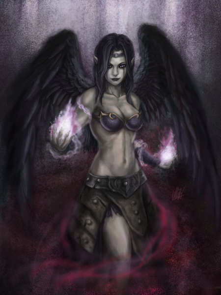 Anime picture 768x1024 with league of legends morgana (league of legends) penator (artist) single long hair tall image looking at viewer light erotic purple eyes bare shoulders purple hair pointy ears magic girl navel wings chain
