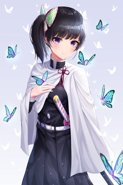 Anime picture 3200x4800 with kimetsu no yaiba ufotable tsuyuri kanao ryon y0421 single tall image looking at viewer blush fringe highres short hair black hair simple background smile standing purple eyes payot absurdres blunt bangs grey background