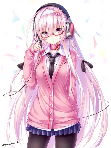 Anime picture 1500x2000 with kanpani girls armonica refula chabaneko single tall image looking at viewer fringe simple background hair between eyes standing white background signed pink hair braid (braids) long sleeves very long hair pleated skirt pink eyes arm up hair flower