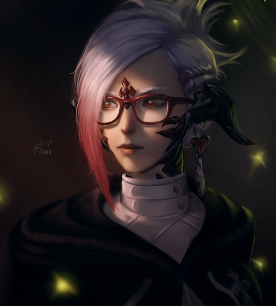 Anime picture 895x990 with final fantasy final fantasy xiv square enix au ra raikoart single tall image short hair simple background red eyes signed looking away silver hair upper body red hair braid (braids) multicolored hair horn (horns) lips realistic