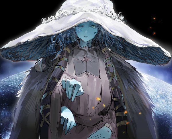 Anime picture 1381x1121 with elden ring ranni the witch koio single long hair looking at viewer green eyes blue hair upper body one eye closed outstretched hand spoilers blue skin extra arms girl hat witch hat