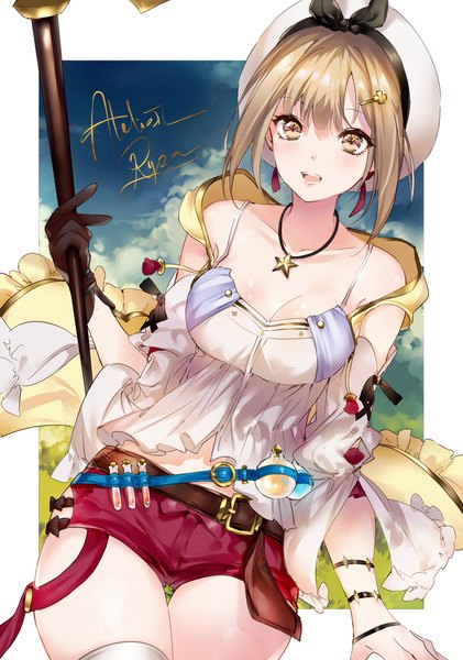 Anime picture 755x1077 with atelier (series) atelier ryza gust (company) reisalin stout kinokohime single tall image looking at viewer blush fringe short hair breasts open mouth light erotic hair between eyes brown hair holding brown eyes payot sky