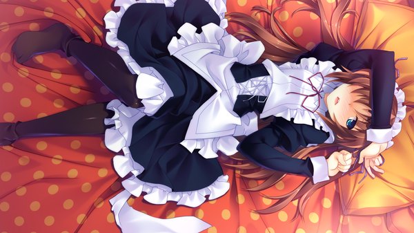 Anime-Bild 2048x1152 mit guardian place skyfish (studio) ootori aoi tsurugi hagane single long hair blush highres open mouth blue eyes brown hair wide image lying maid sideways girl pantyhose headdress maid headdress