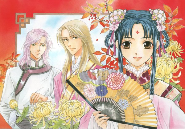 Anime picture 4291x3000 with saiunkoku monogatari kou shuurei shi ryuuki shi seiran highres black hair blonde hair brown eyes green eyes pink hair absurdres traditional clothes scan multiple boys chinese clothes girl boy hair ornament flower (flowers) fan