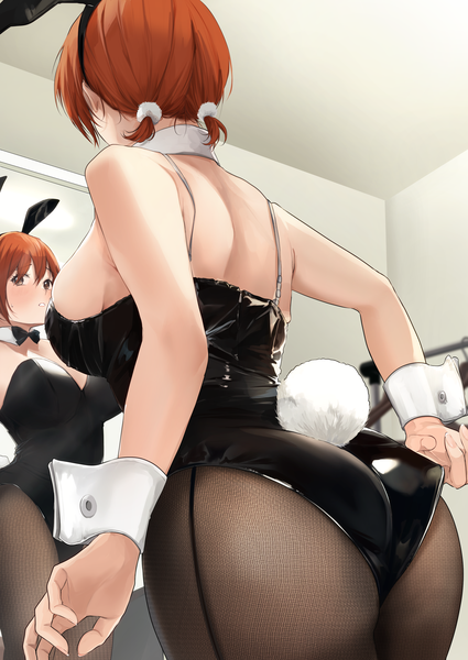 Anime picture 2508x3541 with original nagi (akito) ayubee single tall image blush fringe highres short hair breasts light erotic hair between eyes large breasts standing twintails brown eyes animal ears looking away ass indoors