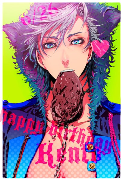 Anime picture 1000x1471 with tokimeki restaurant kento fuwa sukichi single tall image short hair blue eyes grey hair inscription teeth fang (fangs) mouth hold framed polka dot happy birthday sharp teeth boy earrings heart fur