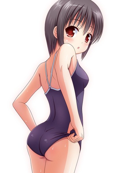 Anime picture 818x1191 with original kk-sk-ray single tall image looking at viewer blush short hair breasts light erotic black hair simple background red eyes white background flat chest girl swimsuit one-piece swimsuit school swimsuit
