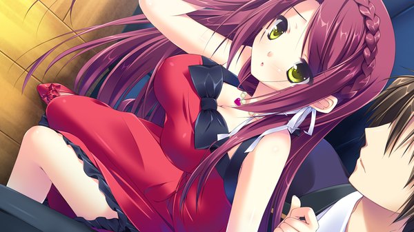 Anime picture 1024x576 with sugirly wish kamira akane long hair wide image green eyes game cg purple hair girl dress red dress