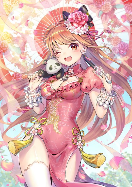 Anime picture 1343x1900 with houchi shoujo poshii single long hair tall image looking at viewer blush fringe breasts open mouth blonde hair smile standing holding cleavage outdoors traditional clothes one eye closed hair flower wind