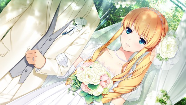 Anime picture 1280x720 with gin'iro haruka bethly rose daisley long hair blush blue eyes blonde hair wide image game cg couple girl dress boy gloves flower (flowers) elbow gloves white gloves bouquet wedding dress wedding veil