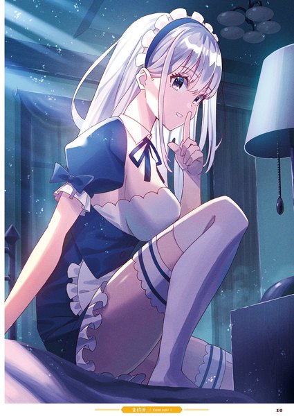 Anime picture 1359x1920 with original koh rd single long hair tall image looking at viewer blush fringe breasts light erotic hair between eyes sitting silver hair bent knee (knees) indoors parted lips scan night arm support short sleeves
