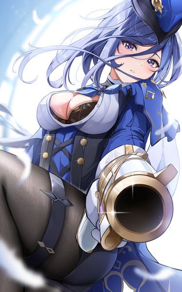 Anime picture 837x1341 with genshin impact clorinde (genshin impact) yeni1871 single long hair tall image looking at viewer blush fringe breasts blue eyes light erotic hair between eyes large breasts blue hair long sleeves partially open clothes double buttons girl weapon