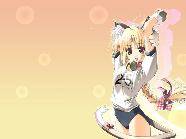 Anime picture 1024x768 with shintarou single long hair looking at viewer fringe open mouth simple background blonde hair smile animal ears tail braid (braids) :d animal tail cat ears arms up cat girl cat tail gradient background single braid
