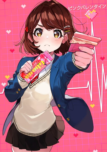 Anime picture 1060x1500 with original ghana (chocolate) lotte (company) yuu (higashi no penguin) single tall image looking at viewer short hair brown hair yellow eyes pleated skirt official art pink background outstretched hand girl skirt uniform school uniform miniskirt food