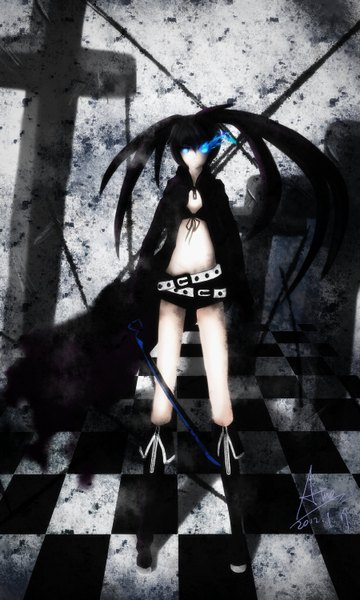 Anime picture 1800x3000 with black rock shooter black rock shooter (character) long hair tall image looking at viewer highres blue eyes black hair twintails glowing glowing eye (eyes) checkered floor girl weapon sword shorts boots chain cloak bikini top